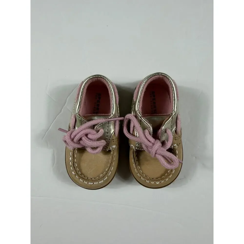 Sperry Bluefish Crib Boat Shoes Tan Metallic Gold Pink Baby Size 2